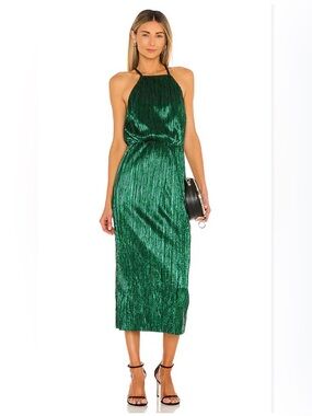 House of Harlow 1960 x Revolve Emerald Green Metallic Pleated Halter Midi Dress